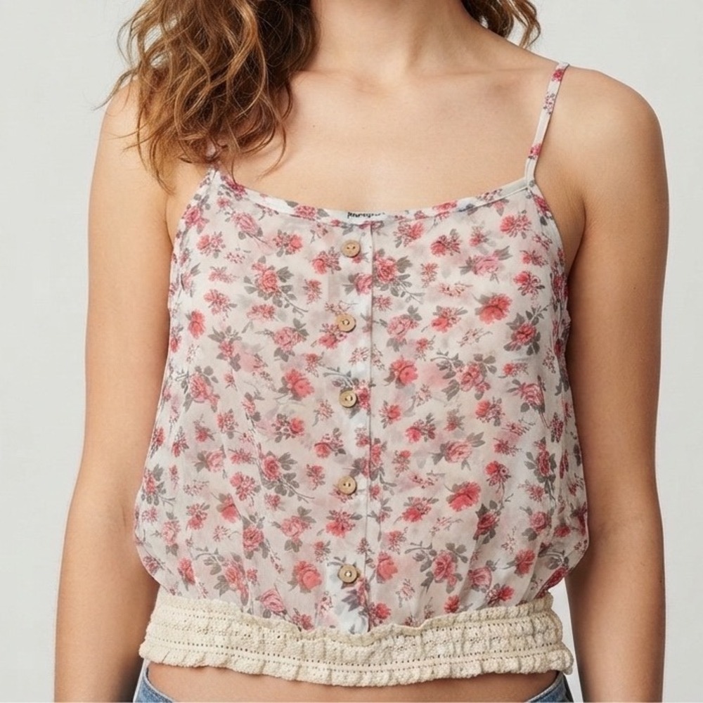 Papaya Floral Camisole Top Womens Large Red Rose Print Crochet Lace Hem Boho